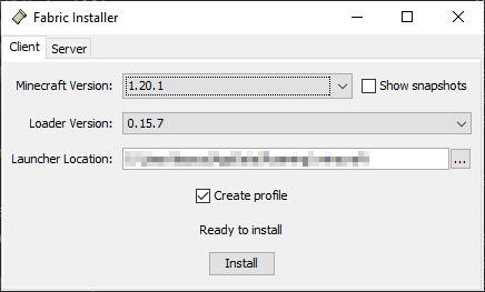 Bild vom Fabric Installer mit eingestellten Werten
